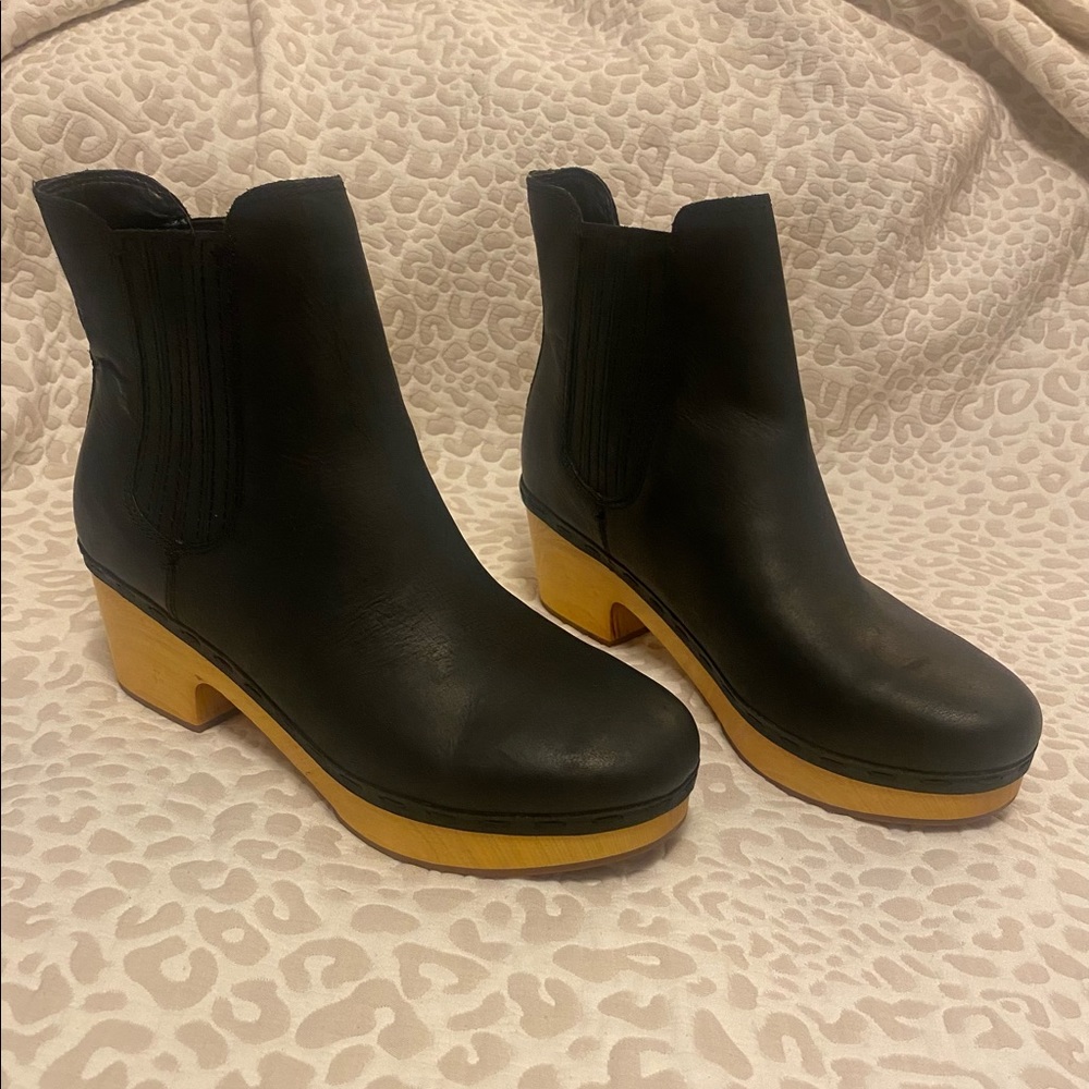 Black Leather Wooden Heeled Booties